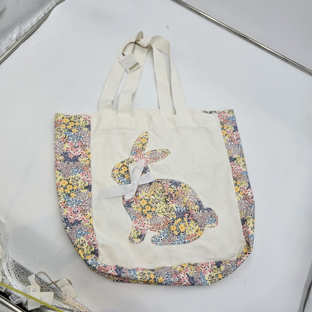 Cotton & Co. Tote Bag Applique Bunny Ditzy Floral‎ Canvas Cotton LG Reusable NWT